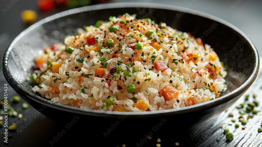 A vibrant bowl of fried rice topped with colorful vegetables and herbs, showcasing a delicious, appetizing dish. A vibrant bowl of fried rice topped with colorful vegetables and herbs, showcasing a delicious, appetizing dish.