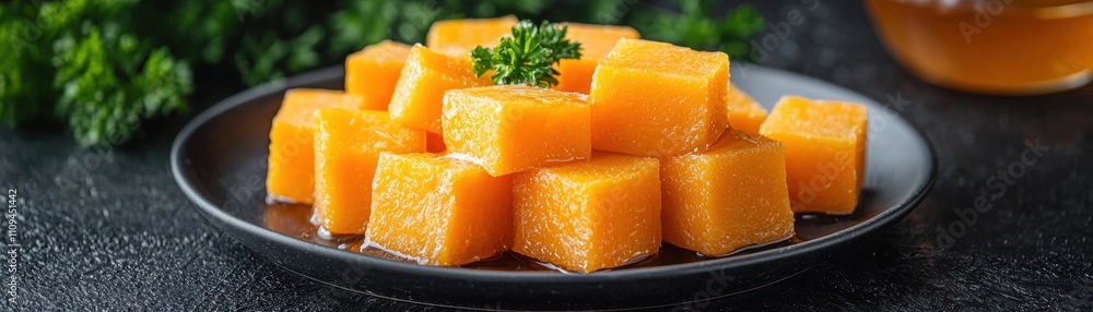 A close-up image of vibrant orange cheese cubes garnished with a sprig of parsley, presented on a dark plate, evoking a delicious and appetizing look. A close-up image of vibrant orange cheese cubes garnished with a sprig of parsley, presented on a dark plate, evoking a delicious and appetizing look.