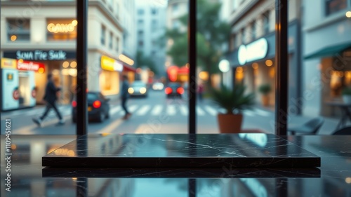Wallpaper Mural A polished black marble surface rests on a sleek, dark countertop, offering a dramatic backdrop for a product display, with a blurred city scene visible through a large window behind it. Torontodigital.ca