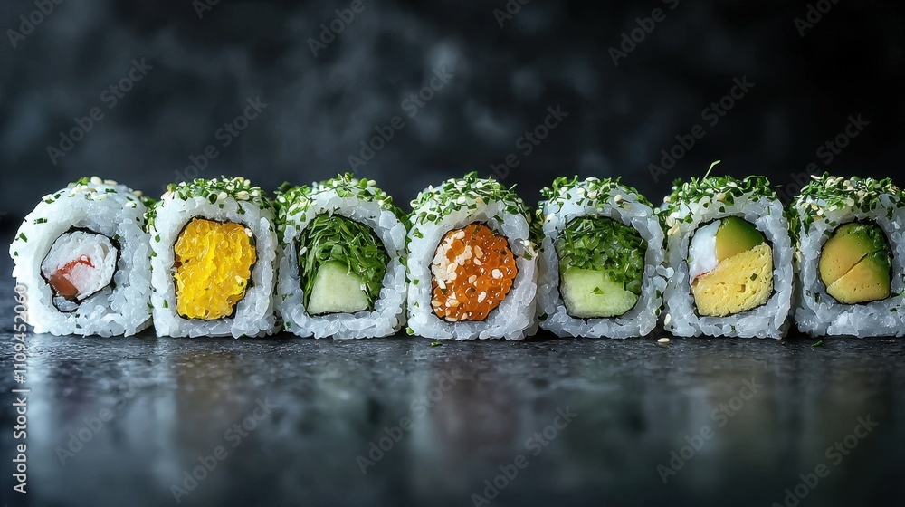 A visually appealing arrangement of sushi rolls, featuring vibrant colors and textures, displayed against a dark background. A visually appealing arrangement of sushi rolls, featuring vibrant colors and textures, displayed against a dark background.