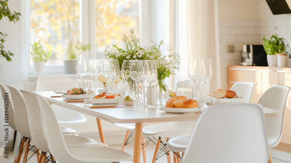 Dining table decorated with flowers and food in a bright dining room Dining table decorated with flowers and food in a bright dining room