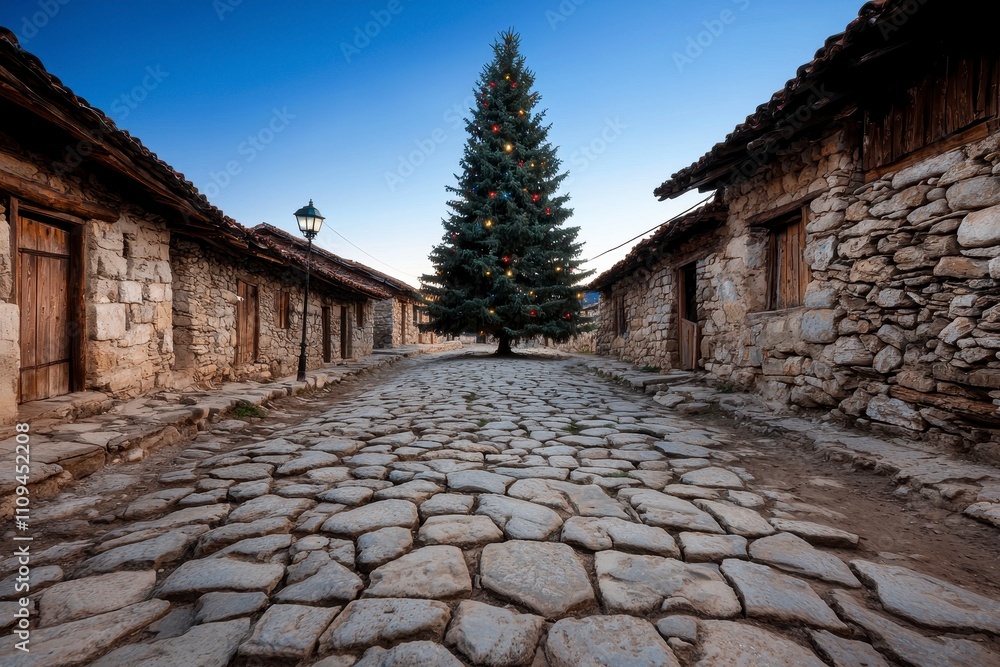 A festive Christmas tree stands in a cobblestone village street at dusk. A festive Christmas tree stands in a cobblestone village street at dusk.