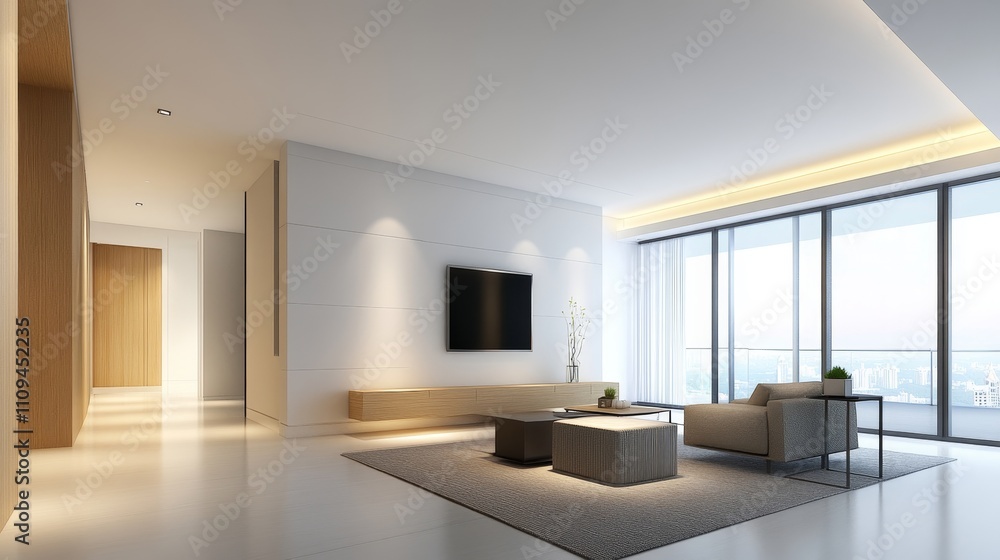 A large, empty living room with a white couch and two chairs A large, empty living room with a white couch and two chairs