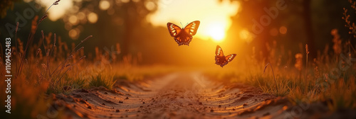 Two Butterflies Flying Over a Dirt Road at Sunset
