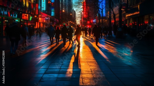 Silhouetted pedestrians walking city street at dusk, long shadows cast on pavement.