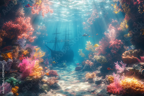 Mystical underwater world featuring colorful coral reefs and a sunken ship