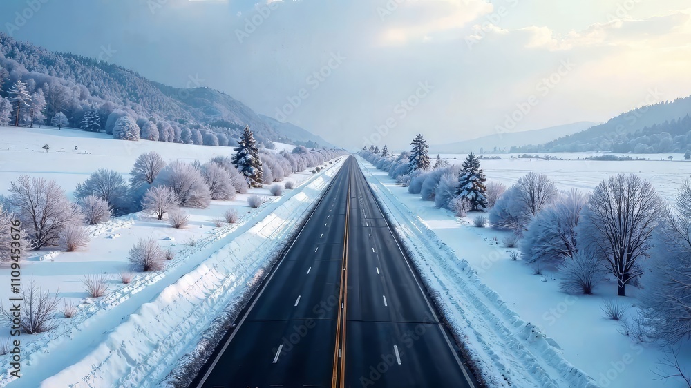 Snowy One-Lane Road Diagonal Aerial View - Winter Landscape Snowy One-Lane Road Diagonal Aerial View - Winter Landscape