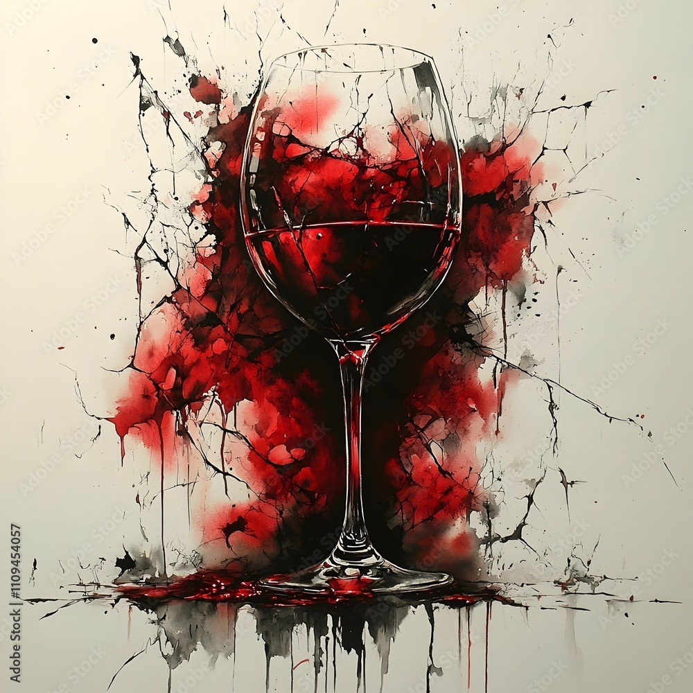 Fototapeta premium A wine glass with red wine in it is splattered with red paint