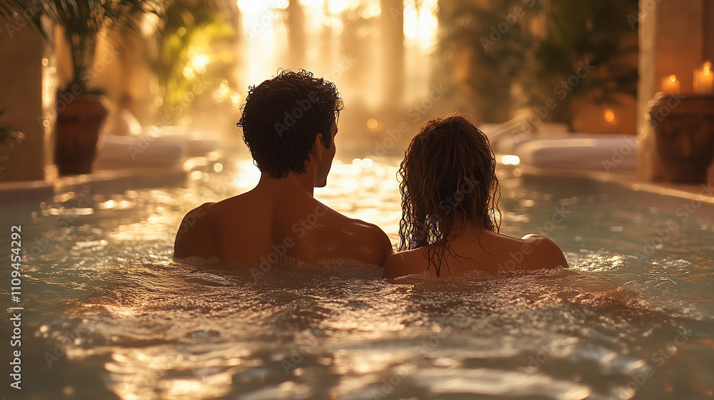 Couple enjoying a peaceful moment in a luxurious spa surrounded by soothing water at sunset Couple enjoying a peaceful moment in a luxurious spa surrounded by soothing water at sunset