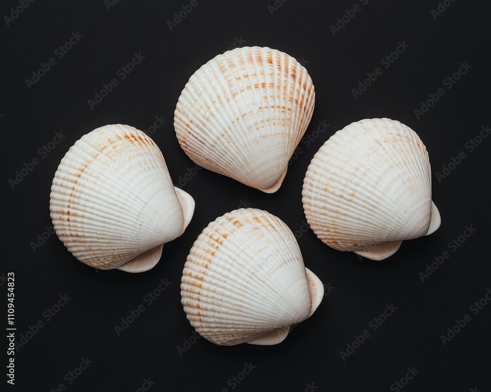Elegant Seashell Quartet Close-Up Still Life of Pale Beige Shells on Dark Background - Minimalist Coastal Decor Concept Elegant Seashell Quartet Close-Up Still Life of Pale Beige Shells on Dark Background - Minimalist Coastal Decor Concept