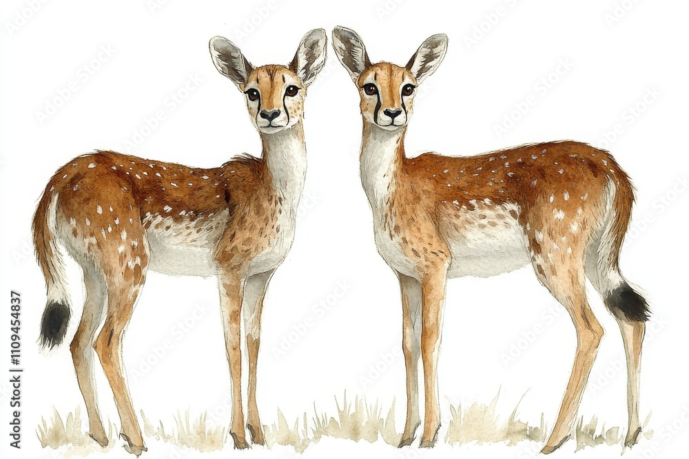 Two spotted deer standing side by side in a natural setting. Two spotted deer standing side by side in a natural setting.