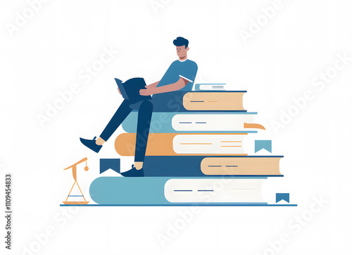 A man is sitting on top of many books and reading in 1721059626 4