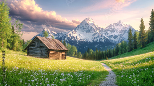 Enchanting wooden cabin nestled in a vibrant meadow at sunrise amidst majestic snow-capped mountains photo