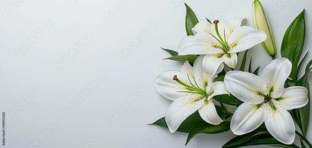 Elegant White Lily Trio Serene Macro View of Delicate Blooms on Minimalist Surface - Pure Elegance for Greeting Cards, Weddings, or Beauty Elegant White Lily Trio Serene Macro View of Delicate Blooms on Minimalist Surface - Pure Elegance for Greeting Cards, Weddings, or Beauty