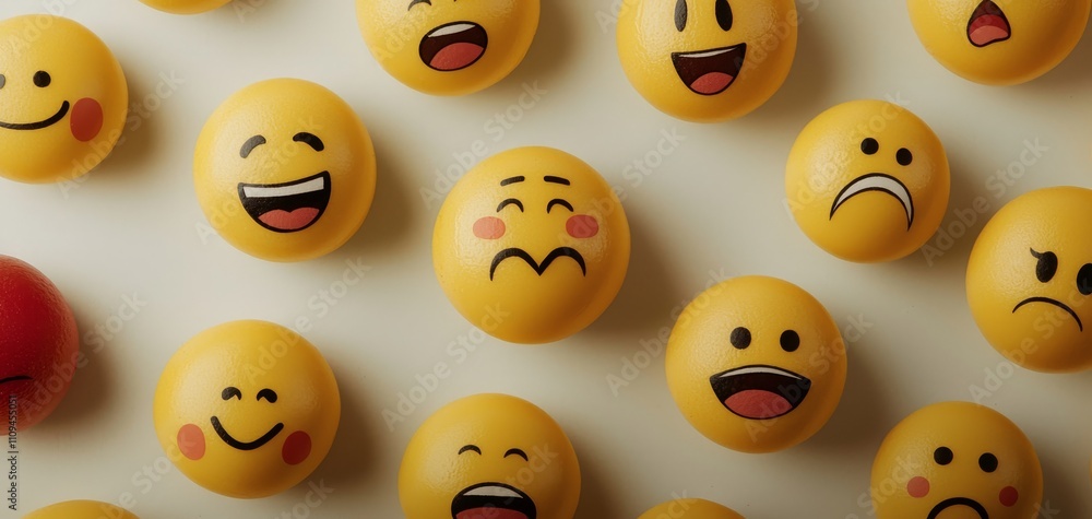 Emotive Diversity Closeup of Vivid Emoticon Spheres on Beige Surface, Featuring Sad Yellow Face. Mood Contrast in Conceptual Composition for Emotional Intelligence Illustration
