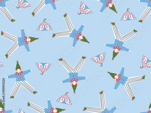 DOODLE SEAMLESS CIRCUS CLOWN PATTERN, JOCKER IN ACT, PERFORMANCE IN CIRCUS PATTERN IDEAL FOR PAJAMA SETS, SLEEPWEAR BABYOUTFITS AND GIFT WRAPPING IN VECTOR