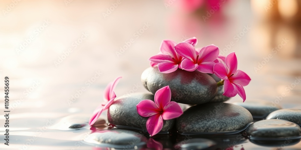 Serene Still Life of Delicate Pink Flowers Resting on Smooth Grey Stones in Tranquil Water Serene Still Life of Delicate Pink Flowers Resting on Smooth Grey Stones in Tranquil Water