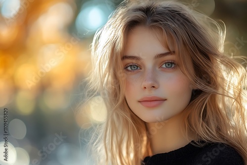 Youthful Golden Hour Portrait Serene Blush and Bokeh Lights