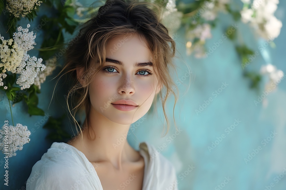 Youthful Model Headshot, Messy Bun, Teal Background Youthful Model Headshot, Messy Bun, Teal Background