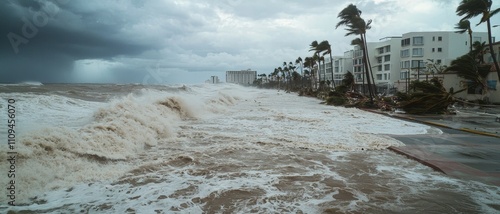 Furious Storm Waves Crushing Shoreline Buildings - Dramatic Coastal Scene with Churning Sea and Damaged Palm Trees in Stormy Weather - Climate Change Impact Concept