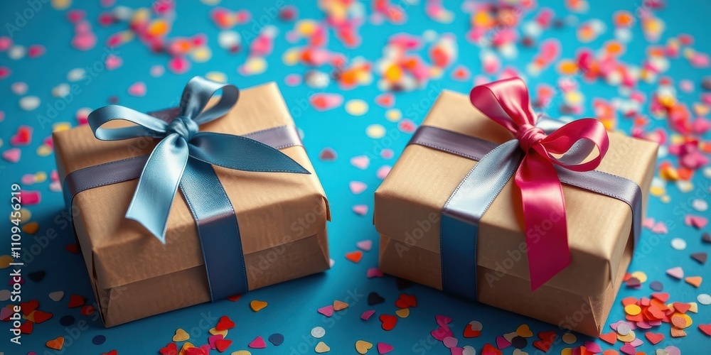 Obraz premium Two Beautifully Wrapped Gifts with Ribbons on a Blue Background Surrounded by Confetti Hearts