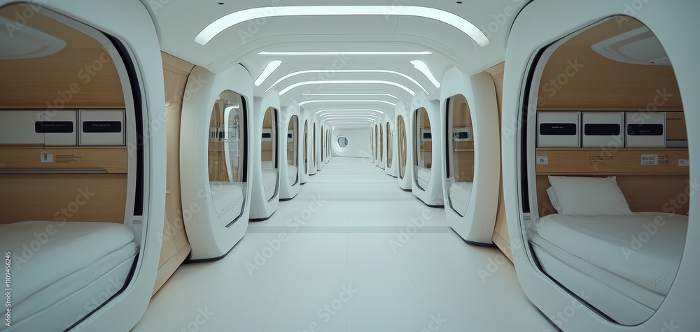 Obraz premium Futuristic Sleeping Pods Corridor Clean Minimalist Design, Symmetrical Perspective in Bright Space - Modern Innovation and Efficiency Concept