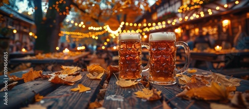 Two beer steins on wooden table with autumn leaves at outdoor cafe.