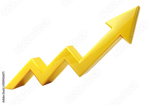 3D yellow business arrow graph going up isolated on a transparent background