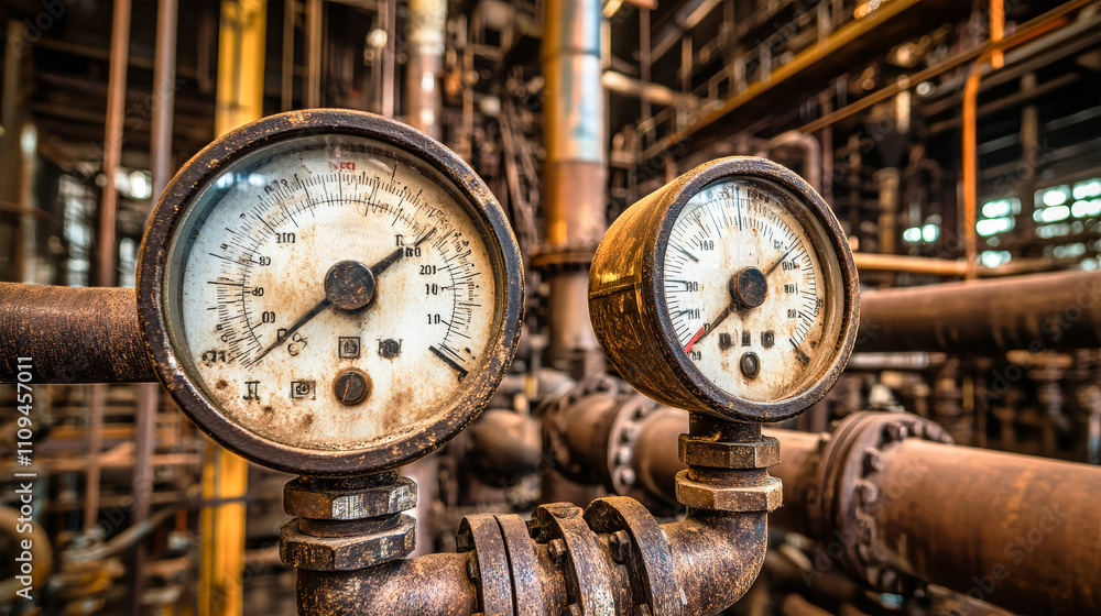 Close-up of detailed pressure gauges on aged industrial pipes in a factory setting showcasing intricate textures and dynamic angles Close-up of detailed pressure gauges on aged industrial pipes in a factory setting showcasing intricate textures and dynamic angles