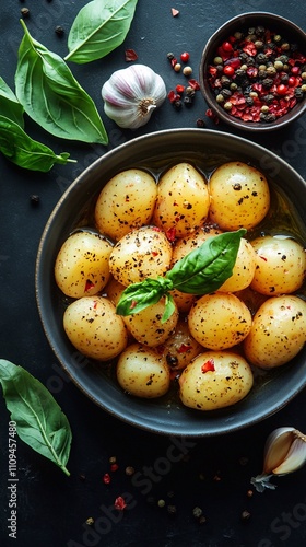 A bowl of potatoes, oil, and garlic on the table, with fresh green leaves on top. Raw potatoes, top view, still life photography, top-down perspective, high resolution, super detailed, photo-realistic photo