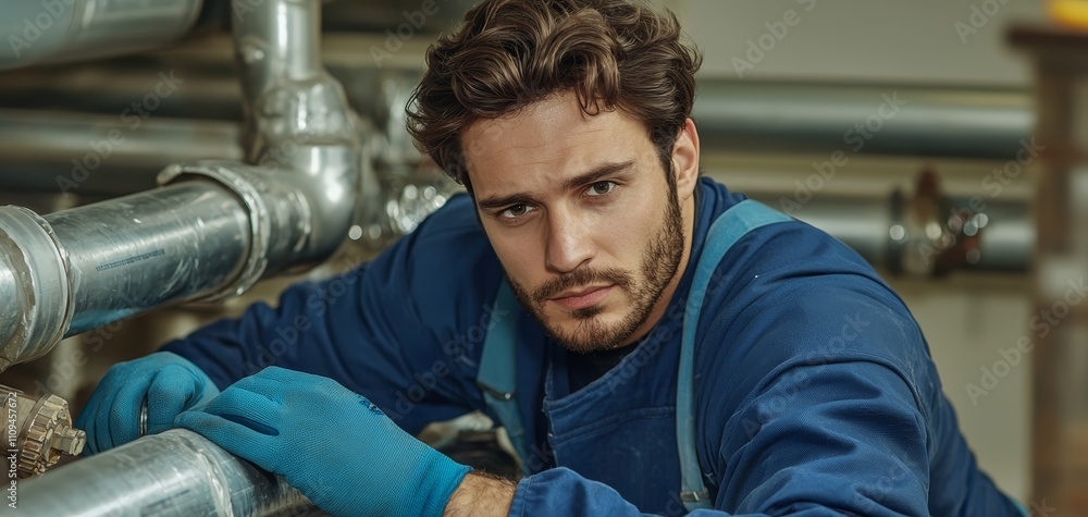 Intense Blue-Collar Worker in Industrial Setting - Gritty Realism and Concentration Stock Photo for Skilled Labor Promotion Intense Blue-Collar Worker in Industrial Setting - Gritty Realism and Concentration Stock Photo for Skilled Labor Promotion