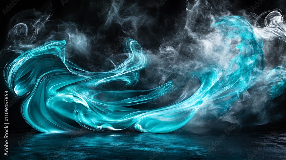 Obraz premium A dynamic swirl of vibrant cyan and platinum hues blending seamlessly with a misty texture, evoking a sense of energy and depth, set against a pitch-black surface.