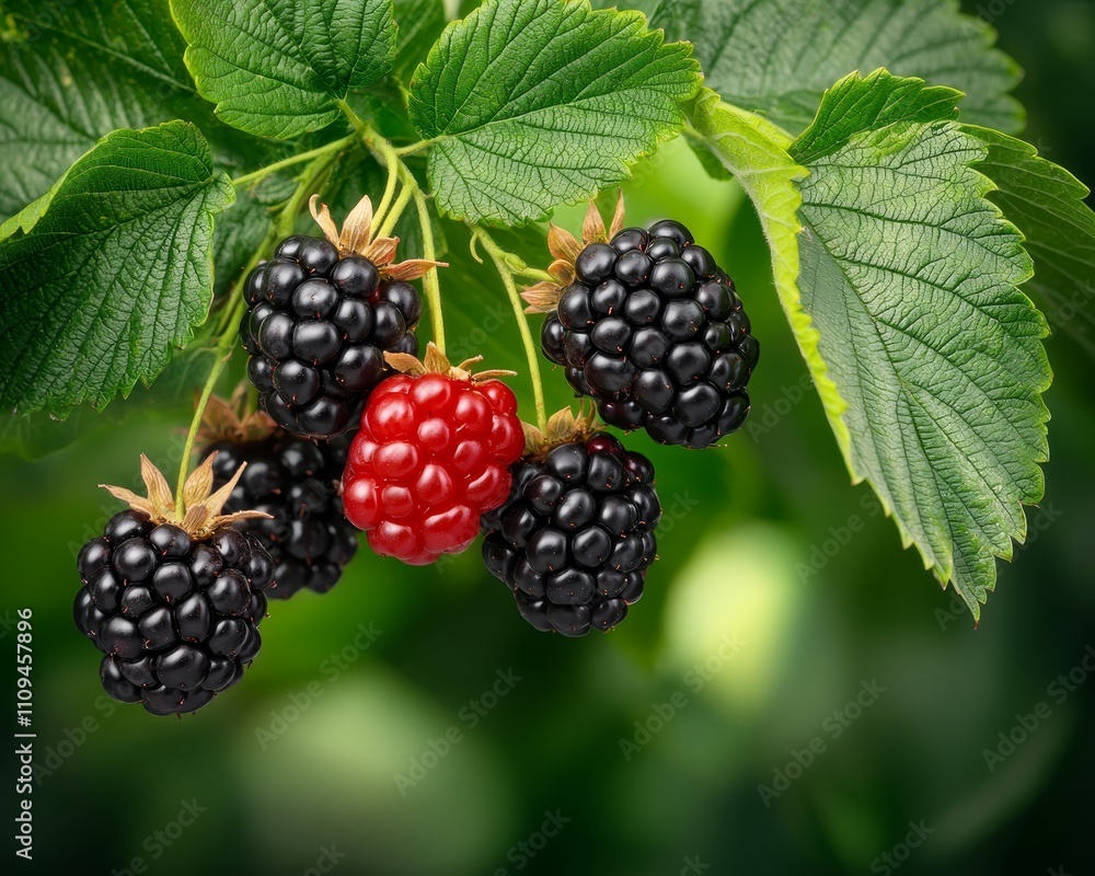 Luscious Blackberries and Raspberry Cluster Vibrant Macro View of Fresh Berries on Branch, Green Foliage Background - Natural Freshness and Serenity Luscious Blackberries and Raspberry Cluster Vibrant Macro View of Fresh Berries on Branch, Green Foliage Background - Natural Freshness and Serenity