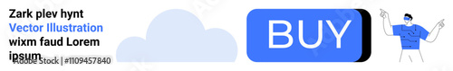 Large BUY button, male character pointing, blue and white theme, subtle cloud graphic, placeholder text. Ideal for online stores, eCommerce, digital marketing, CTAs, user engagement, shopping