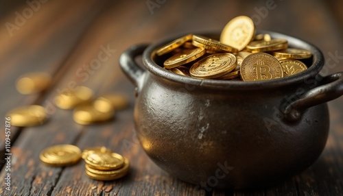 Black pot filled with gold coins with Bitcoin symbols symbolizing modern treasures photo