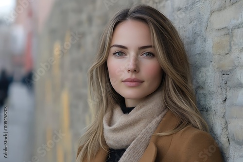 Alluring Blonde in Long Camel Coat, Bokeh Background