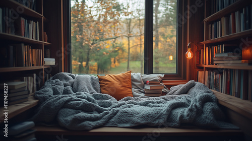 Cozy reading nook adorned with soft blankets, warm tones, and natural light photo