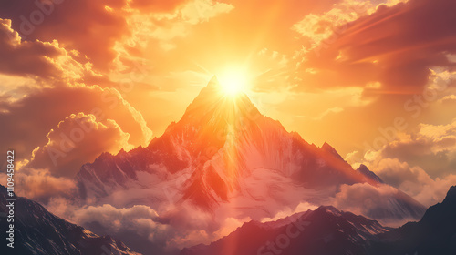 Golden zenith the sun at its zenith casting golden light over a mountain, front view, peak light, technology tone, vivid. Zenith. Illustration