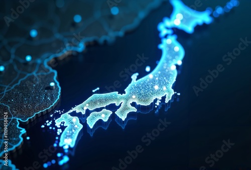 Digital map of Japan. Futuristic glowing outline of Japan, highlighting its geography and network connections.