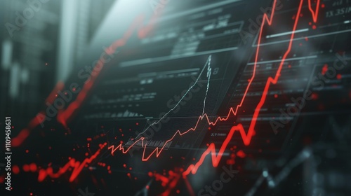 A red financial graph on a futuristic dark background featuring glowing data points, representing finance, trading, or digital technology. AI generated.