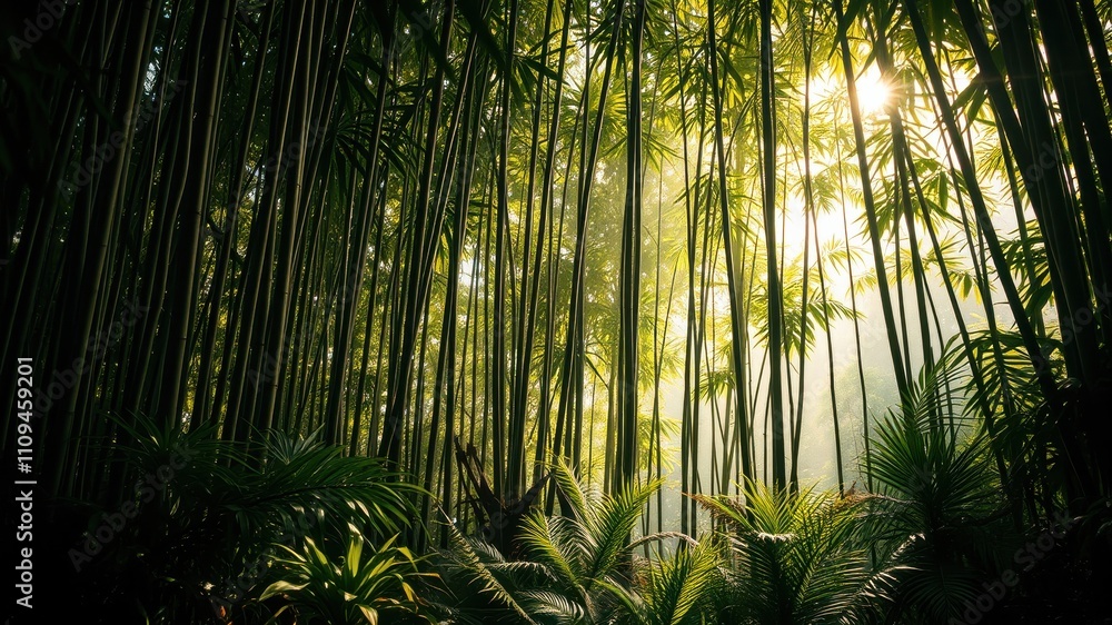 Fototapeta premium A sunbeam pierces through a dense grove of bamboo, casting a golden glow on the verdant undergrowth