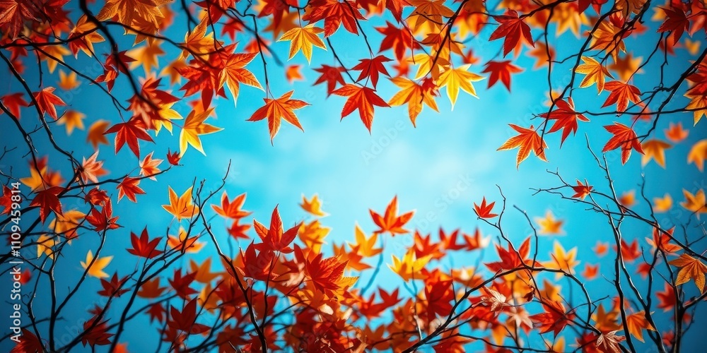 Autumn foliage with a blue sky backdrop, showcasing a vibrant display of crimson and golden leaves on delicate branches. Autumn foliage with a blue sky backdrop, showcasing a vibrant display of crimson and golden leaves on delicate branches.