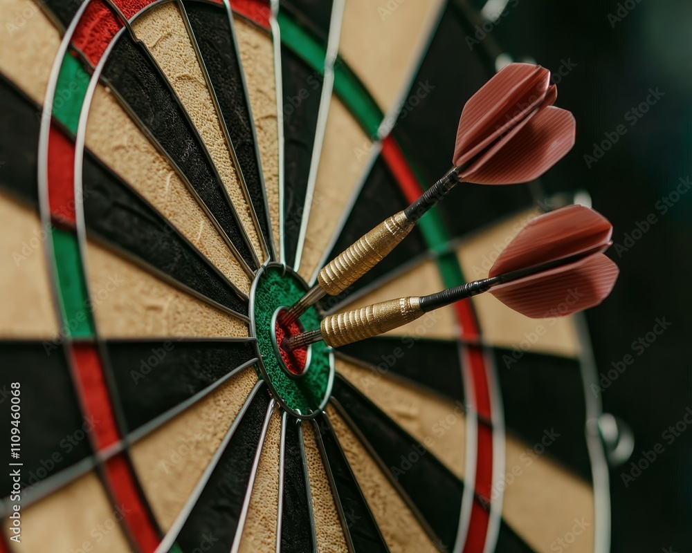 Precision Strikes Close-up of Bullseye Dartboard with Two Darts, Intense Focus in Dimly Lit Setting - Sports Success and Skill Concept Precision Strikes Close-up of Bullseye Dartboard with Two Darts, Intense Focus in Dimly Lit Setting - Sports Success and Skill Concept