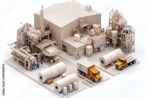 Precision Paper Mill Industrial Complex Isometric View of Efficient Production Facility with Large Rolls, Trucks - Modern Manufacturing Concept for Technical Illustration