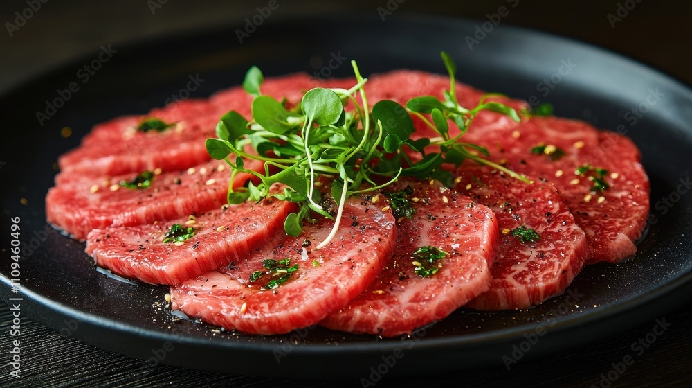 Slices of raw beef arranged artfully on a black plate, garnished with herbs and spices, showcasing a vibrant and enticing presentation. Slices of raw beef arranged artfully on a black plate, garnished with herbs and spices, showcasing a vibrant and enticing presentation.