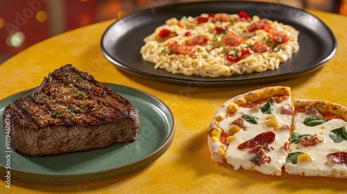 A delicious spread featuring steak, pasta, and pizza on a vibrant table.