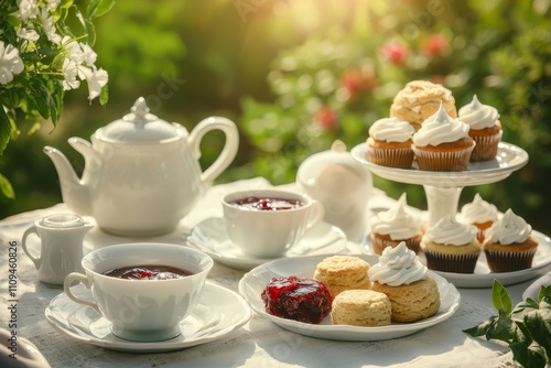 Serene Garden Tea Party with Delicate Treats and Red Elixir in White Teacup