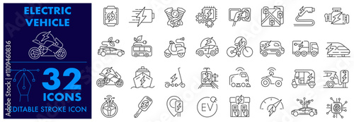 Electric vehicle icon set. Containing, Eco Friendly Vehicle, Automotive, Electric car, EV charging, e-bike, e-car, Electric Scooter, Wireless Charging, and EV Power Station. Editable stroke icon set.