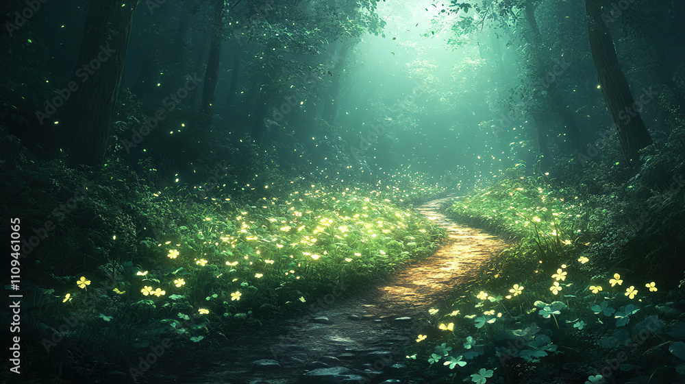 Mystical forest path illuminated by soft sunlight and glowing flowers during early morning hours. Generative AI Mystical forest path illuminated by soft sunlight and glowing flowers during early morning hours. Generative AI