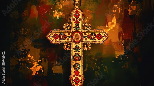 A beautifully detailed, ornate cross gleams in gold hues, offering a glimpse into religious symbolism and traditional artistry against a rich, vibrant background.